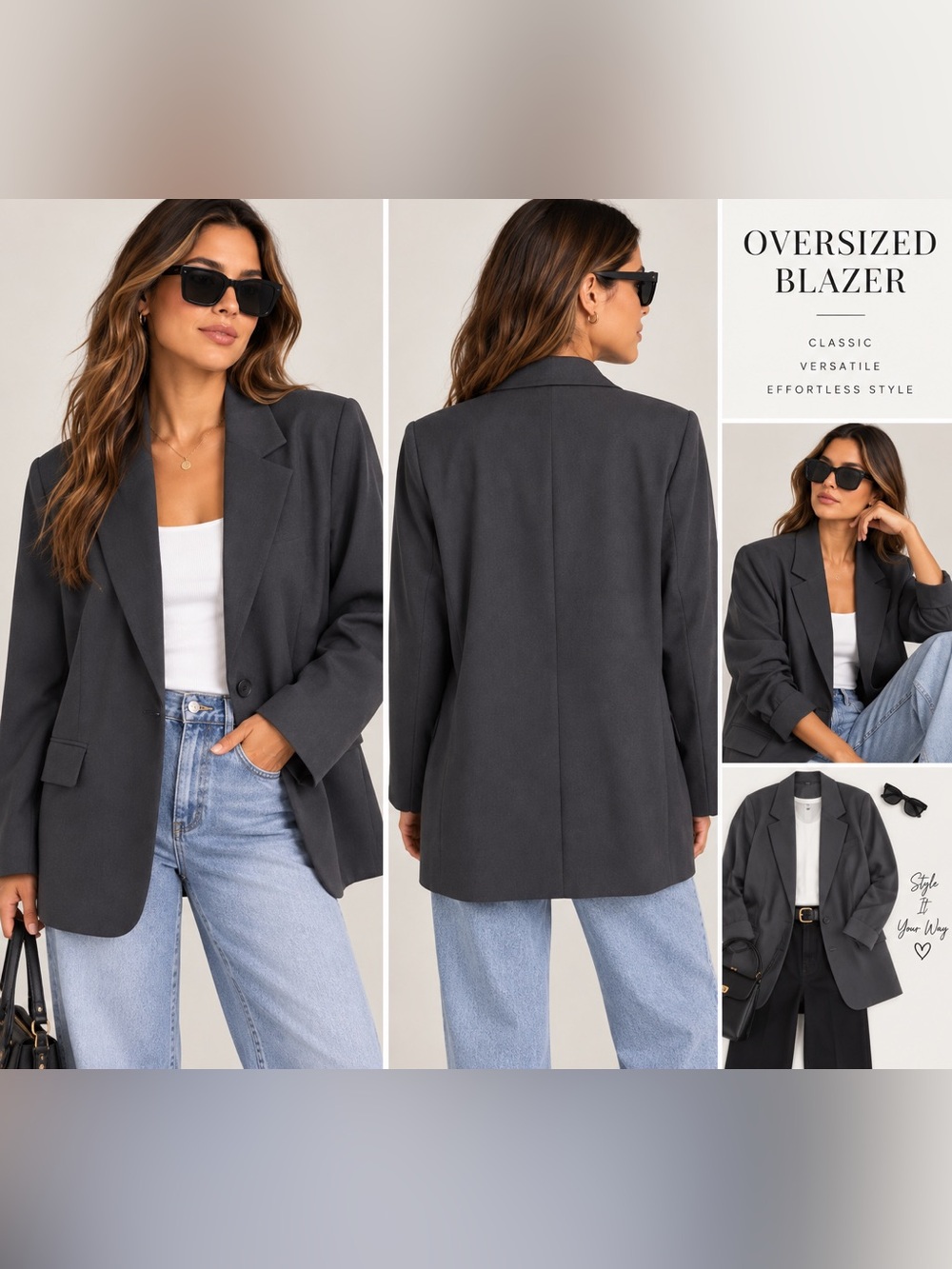 Women’s XL Charcoal Oversized Boyfriend Blazer One Button Office Jacket